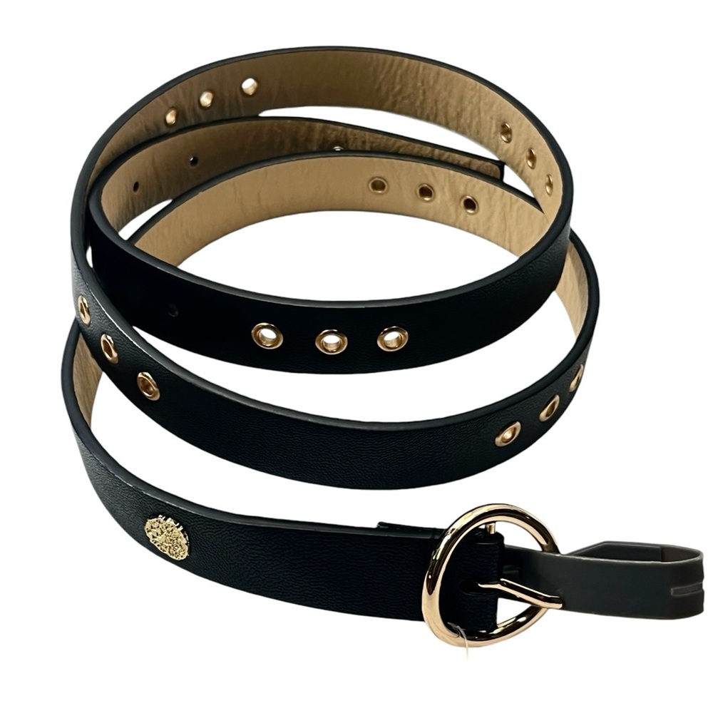 Vince Camuto Black Faux Leather Belt Gold Logo Buckle Detail Large New